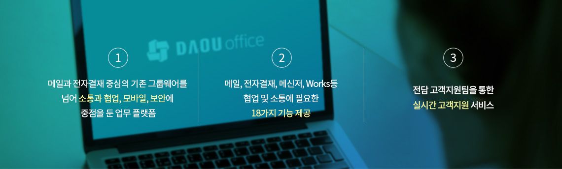 1. 메일과 전자결재 중심의 기존 그룹웨어를 넘어 소통과 협업, 모바일, 보안에 중점을 둔 업무 플랫폼 2. 메일, 전자결재, 메신저, Works등 협업 및 소통에 필요한 18가지 기능 제공 3. 구축형/설치형 330개사, 서비스형 1,500개사 확보(2018년 12월 기준)
