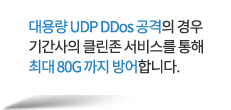 대용량 UDP DDos 공격의 경우 기간사의 클린존 서비스를 통해 최대 80G 까지 방어합니다.
