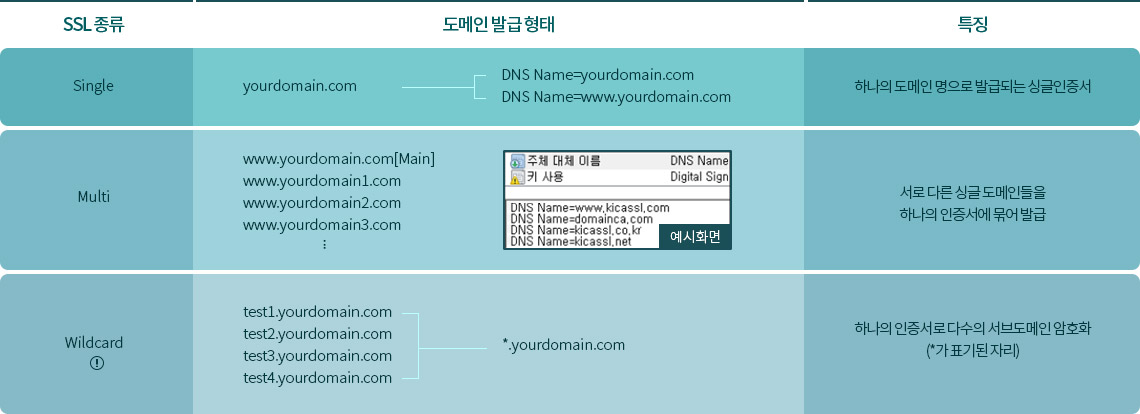 다우 IDC SSL 호스팅 인증서 형태별 특징